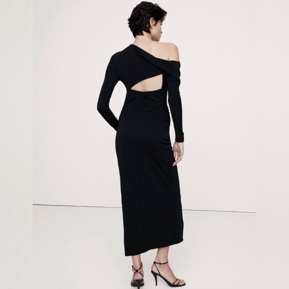 NWT Banana Republic Jersey Maxi Black Dress Asymmetrical Knit Draped Size XXS - Picture 4 of 5